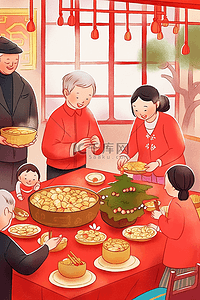 新年一家人团圆手绘插画包饺子