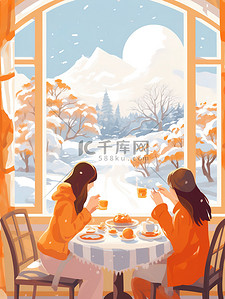 15个数字插画图片_两个女孩喝下午茶窗外雪景15
