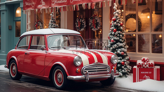 圣诞节汽车插画图片_圣诞装饰的商店复古汽车8