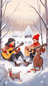 冬天户外情侣插画雪天手绘海报
