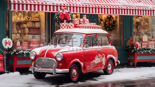 圣诞节汽车插画图片_圣诞装饰的商店复古汽车17