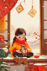 新年插画可爱女孩手绘海报