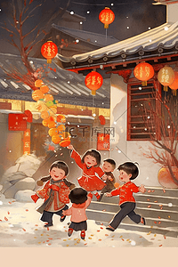 烟花孩子新年玩耍手绘插画海报