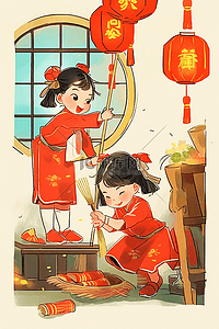 挂在墙上的玻璃插画图片_孩子扫除古典新年手绘插画