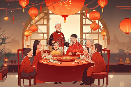 红色扇插画图片_新年团圆聚餐手绘插画海报