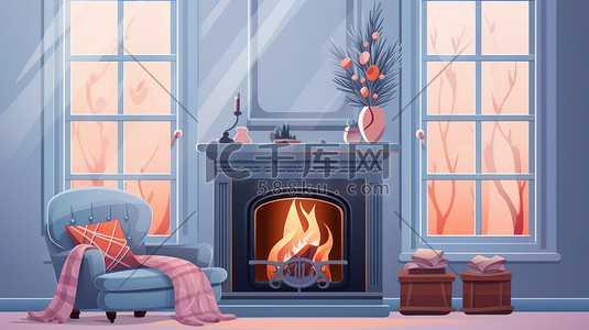 温暖冬天插画图片_冬天壁炉温暖的客厅11