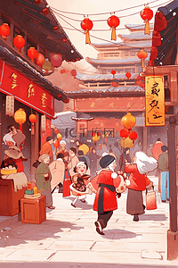 街坊插画图片_新年逛集市热闹插画手绘