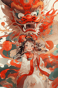 水彩五官插画图片_新年龙年女孩古典插画手绘