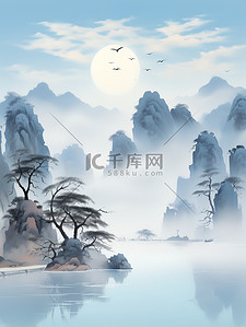 浅蓝插画图片_雾中山水飞翔的白鹭4