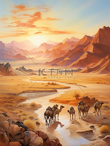 棕色的插画图片_丝绸之路山脉行走的骆驼11