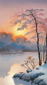 立体质感磨砂插画图片_肌理磨砂质感夕阳里的冬景雪景