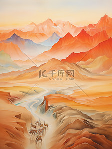 棕色的插画图片_丝绸之路山脉行走的骆驼19