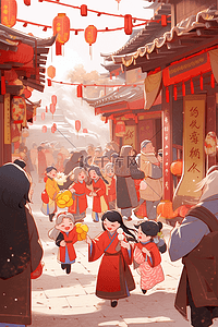 街坊插画图片_新年插画逛集市热闹手绘