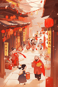 街坊插画图片_手绘新年逛集市插画热闹