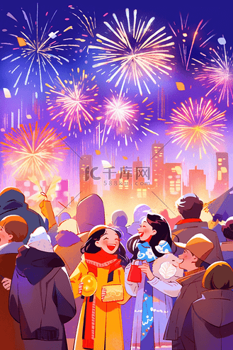 燃放烟花新年庆祝手绘插画