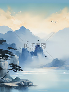 浅蓝插画图片_雾中山水飞翔的白鹭3