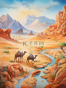 丝绸之路插画图片_丝绸之路山脉行走的骆驼13