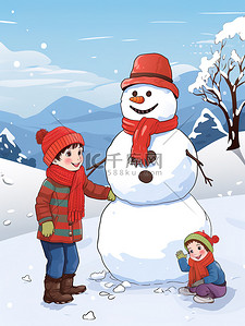 孩子玩雪插画图片_孩子冬天在雪地上堆雪人17