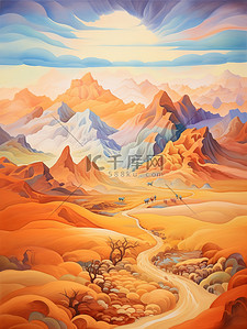 沙漠行走插画图片_丝绸之路山脉行走的骆驼7