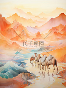 丝绸之路插画图片_丝绸之路山脉行走的骆驼16