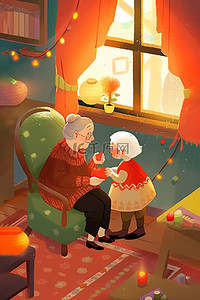 深红海报插画图片_新年老人孩子室内手绘插画海报