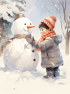 冬天小男孩插画图片_院子里的雪人和小男孩10