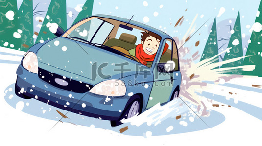 开车堵车插画图片_在雪地里开车急刹车5