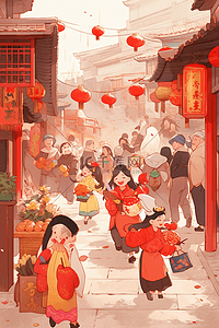 街坊插画图片_逛集市热闹新年手绘插画