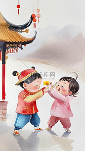 简约海报儿童插画图片_中国风传统新年喜庆孩子插画