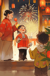 孩子爸爸妈妈插画图片_新年手绘家人看烟花灯笼插画