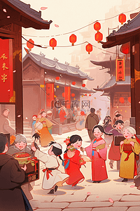 街坊插画图片_新年热闹逛集市手绘插画