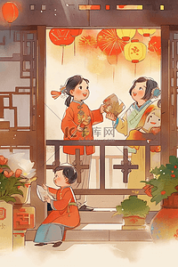 孩子爸爸妈妈插画图片_灯笼新年家人看烟花手绘插画