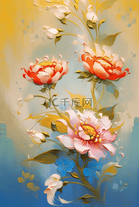 红色花朵背景插画图片_油画花朵肌理树枝画