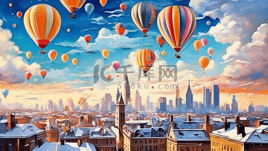 自然风景天空插画图片_气球城市自然风景天空蓝天冬季插画