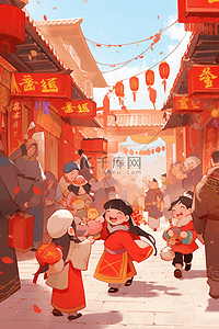 街坊插画图片_新年逛集市手绘插画热闹