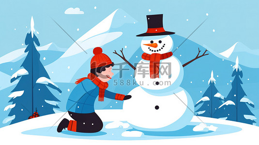 冬天小男孩插画图片_一个小男孩在山上堆雪人16