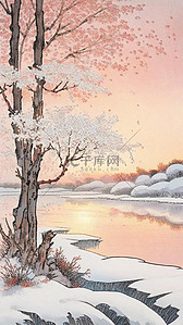 质感磨砂插画图片_肌理磨砂质感夕阳里的冬景雪景3