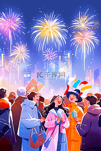 紫色烟花背景插画图片_手绘新年插画燃放烟花庆祝