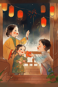 孩子爸爸妈妈插画图片_家人看烟花灯笼手绘新年插画