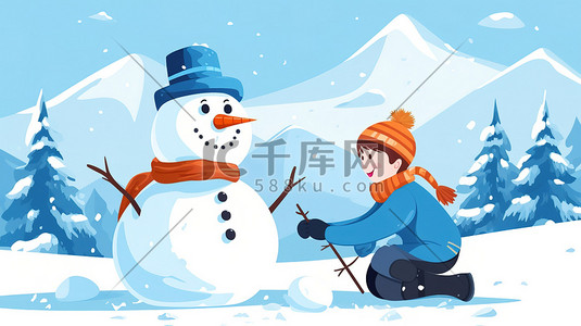 冬天小男孩插画图片_一个小男孩在山上堆雪人10