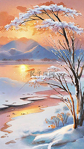质感磨砂插画图片_肌理磨砂质感夕阳里的冬景雪景11