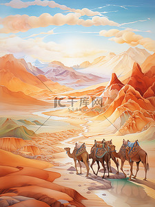 棕色的插画图片_丝绸之路山脉行走的骆驼4