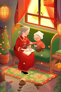 小礼物海报插画图片_老人孩子室内手绘插画海报新年