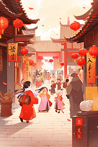 街坊插画图片_热闹新年插画逛集市手绘