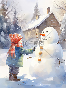 冬天小男孩插画图片_院子里的雪人和小男孩1