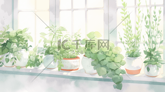 窗帘绿插画图片_家居装饰绿植插画4