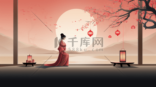 中国风独自赏花的女子插画2