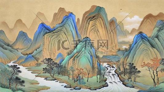 磨砂海报背景插画图片_肌理磨砂质感山水国画千里江山图