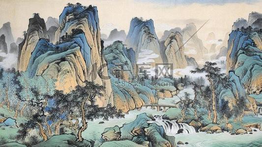 磨砂膏颗粒插画图片_肌理磨砂质感山水国画千里江山图