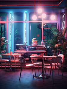 霓虹灯下的现代复古风格咖啡馆10